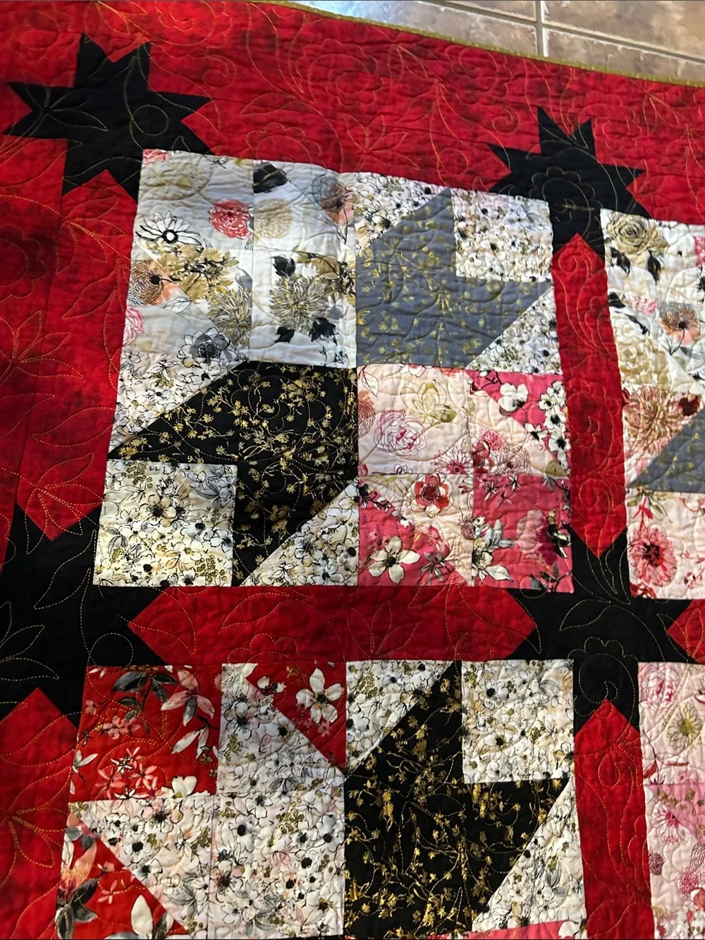 ONE IF A KIND - HANDCRAFTED Floral  Quilt - Red, Black, Pink and White.